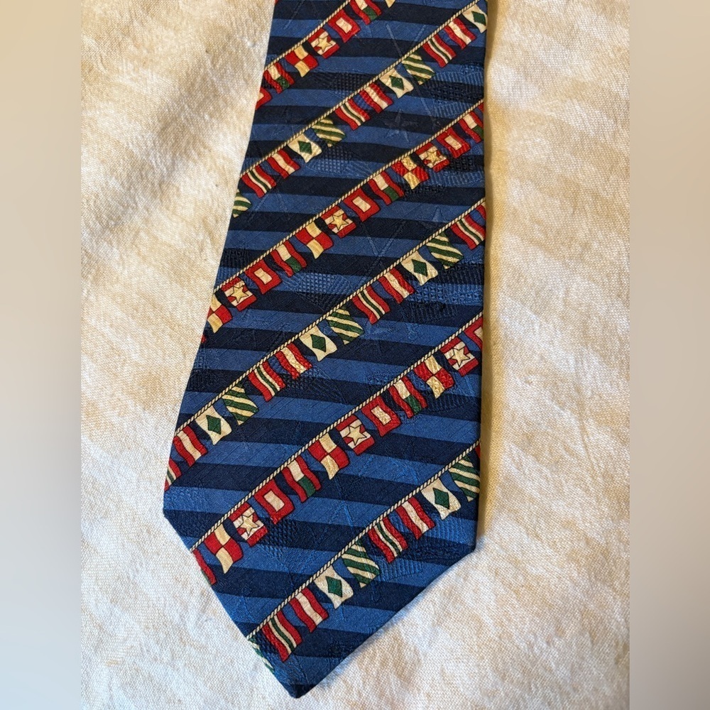 Tommy Hilfiger Men’s Tie Blue & Green Stripe Nautical Flag Print 100% SILK
